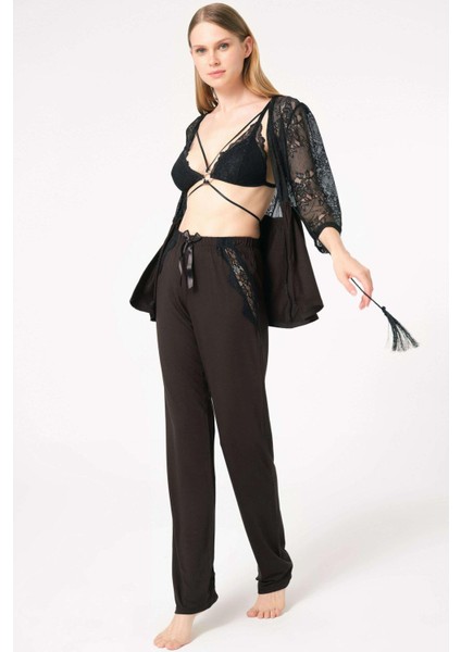 Dantelli Sabahlık Balensiz Desteksiz Dolgusuz Yaka Detaylı Sütyen ve Pantolon Pijama 3'lü Takım