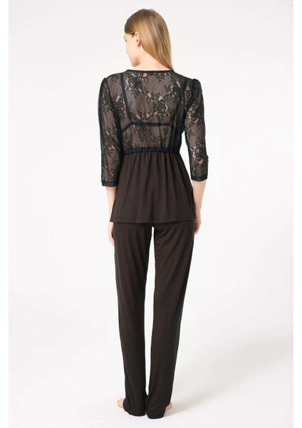 Dantelli Sabahlık Balensiz Desteksiz Dolgusuz Yaka Detaylı Sütyen ve Pantolon Pijama 3'lü Takım modelleri