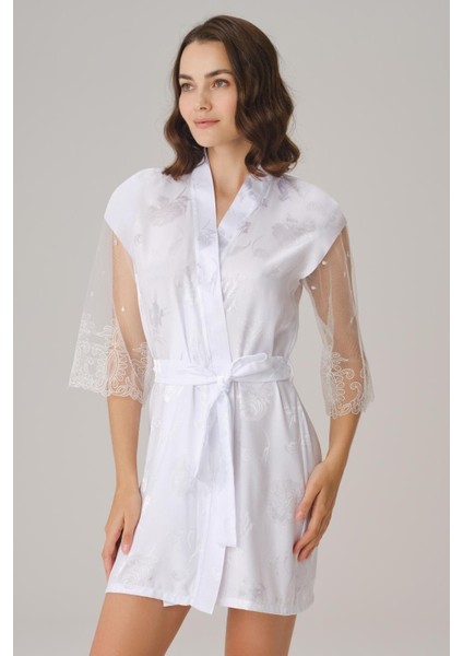 MOTTO10BUTIK Çeyizlik Uzun Kol V Yaka Kadın Saten Düz Yazlık Mini Dantel Detaylı Sabahlık Anıl 5784