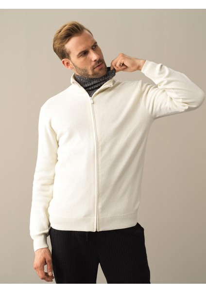 Erkek Ekru Dokulu Pamuk Dokulu Regular Fit Hırka