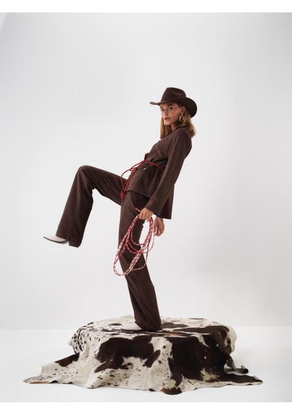 Kadın Kahverengi Soft Touch Süet Görünüm Oversize Pantolon