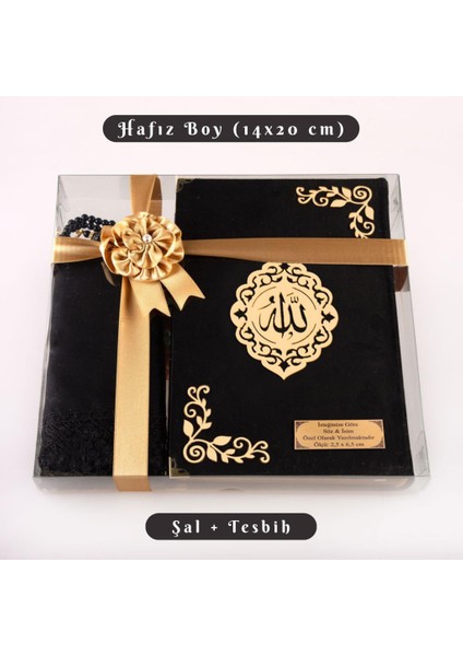 Şal + Tesbih + Kuran Hediye Seti (Hafız Boy, Kadife, Şems Lafzatullah, Siyah)