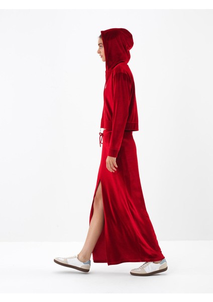 Kadın Kırmızı Lüks Dokulu Soft Kadife Regular Fit Sweatmont