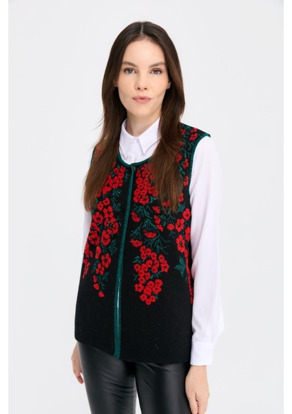 Kadın Sıfır Yaka Pıtırcık Çiçekli Yün Yelek Siyah