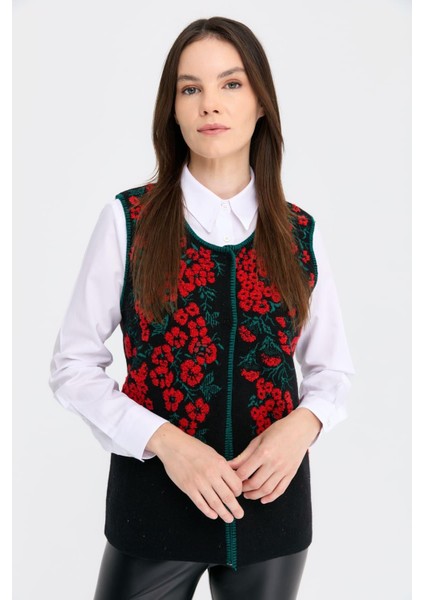 Kadın Sıfır Yaka Pıtırcık Çiçekli Yün Yelek Siyah