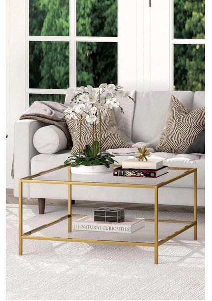 Tino Furniture Oslo Gold 2 Raflı Metal Kare Orta Sehpa Şeffaf Camlı