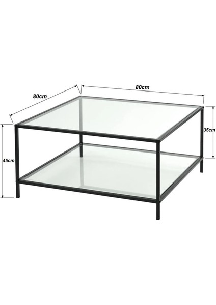 Tino Furniture Oslo Siyah 2 Raflı Metal Kare Orta Sehpa Şeffaf Camlı