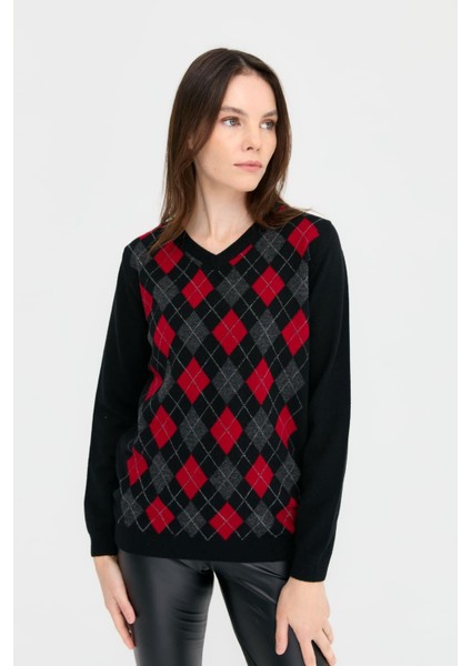 Kadın V Yaka Baklavalı Yün Kazak Siyah