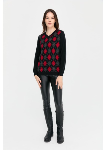 Kadın V Yaka Baklavalı Yün Kazak Siyah modelleri