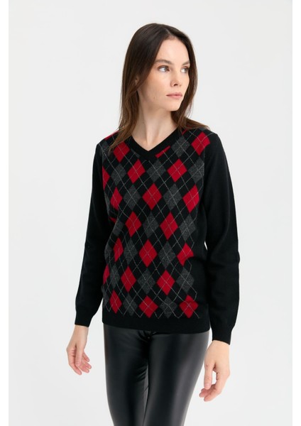 Kadın V Yaka Baklavalı Yün Kazak Siyah fırsatları