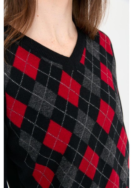 Kadın V Yaka Baklavalı Yün Kazak Siyah indirimleri