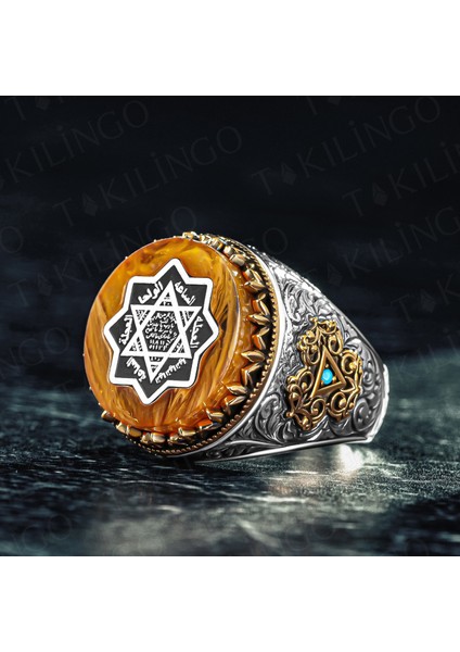 925 Ayar Gümüş Kehribar Taş Üzeri Hz.süleyman Mührü Işlemeli Usta Işi Erkek Yüzük