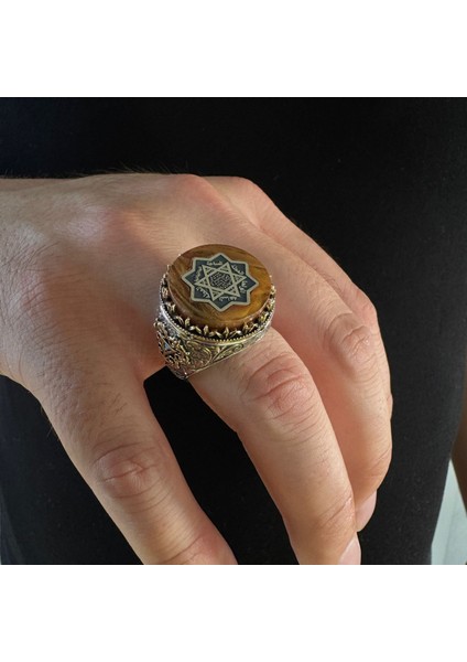 925 Ayar Gümüş Kehribar Taş Üzeri Hz.süleyman Mührü Işlemeli Usta Işi Erkek Yüzük modelleri