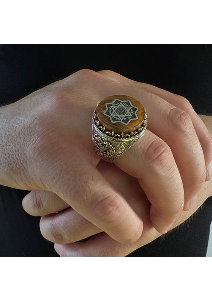 925 Ayar Gümüş Kehribar Taş Üzeri Hz.süleyman Mührü Işlemeli Usta Işi Erkek Yüzük fırsatları