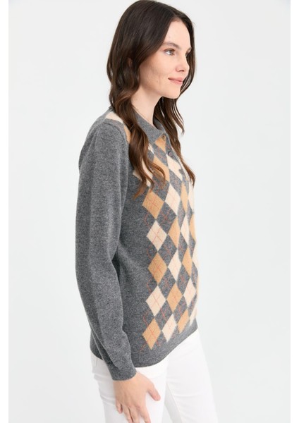Kadın Polo Yaka Önü Baklavalı Yün Kazak Füme fiyatları