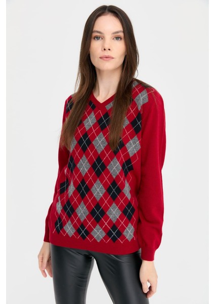Kadın V Yaka Baklavalı Yün Kazak K.kırmızı