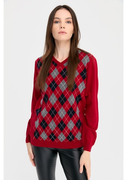 Kadın V Yaka Baklavalı Yün Kazak K.kırmızı fiyatları