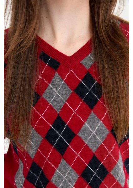 Kadın V Yaka Baklavalı Yün Kazak K.kırmızı fırsatları