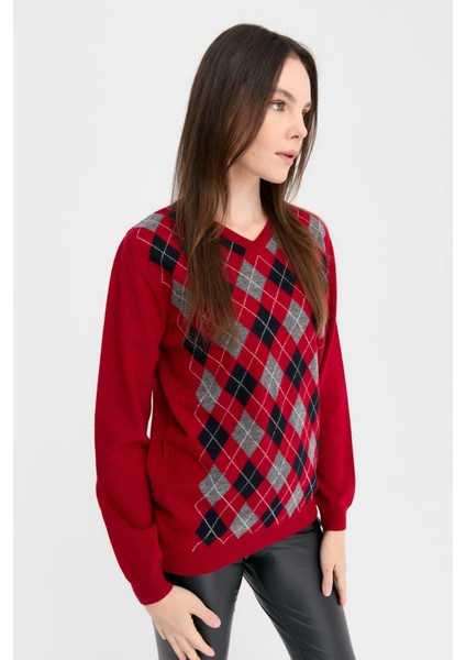 Kadın V Yaka Baklavalı Yün Kazak K.kırmızı indirimleri