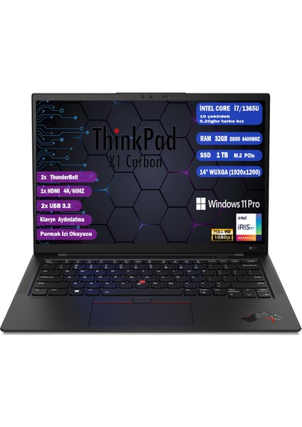 Thınkpad X1 Carbon G11 I7-1365U 32 GB 1 TB SSD 14" WUXGA Windows 11 Pro 4G LTE 21HNSBDJ00