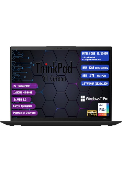 Thınkpad X1 Carbon G11 I7-1365U 32 GB 1 TB SSD 14" WUXGA Windows 11 Pro 4G LTE 21HNSBDJ00