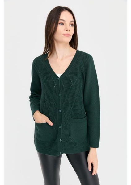 Kadın V Yaka Dikişsiz Önü Baklavalı Düğmeli Yün Hırka Yeşil