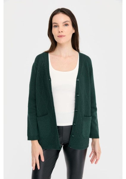 Kadın V Yaka Dikişsiz Önü Baklavalı Düğmeli Yün Hırka Yeşil fiyatları