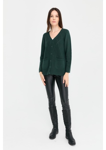 Kadın V Yaka Dikişsiz Önü Baklavalı Düğmeli Yün Hırka Yeşil fırsatları