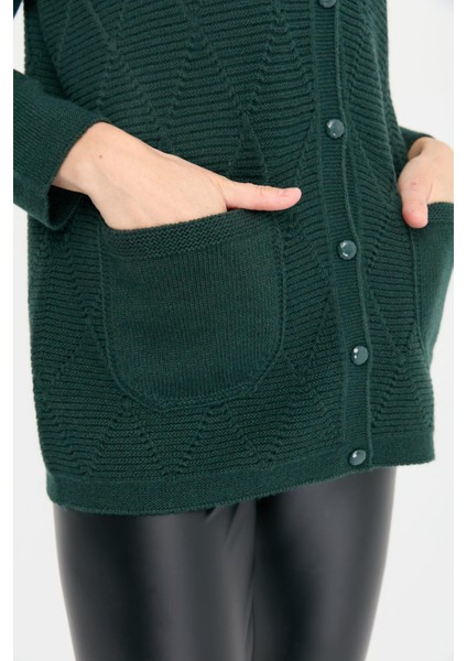 Kadın V Yaka Dikişsiz Önü Baklavalı Düğmeli Yün Hırka Yeşil indirimleri