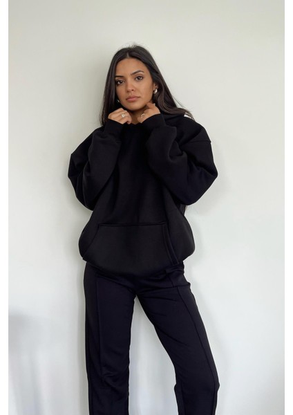 KAPÜŞONLU PARÇALI BASIC SWEATSHIRT SİYAH