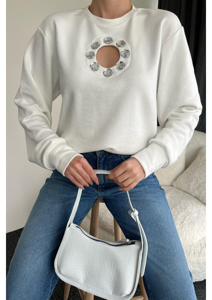 PENCERE VE TAŞ DETAYLI SWEATSHIRT KREM