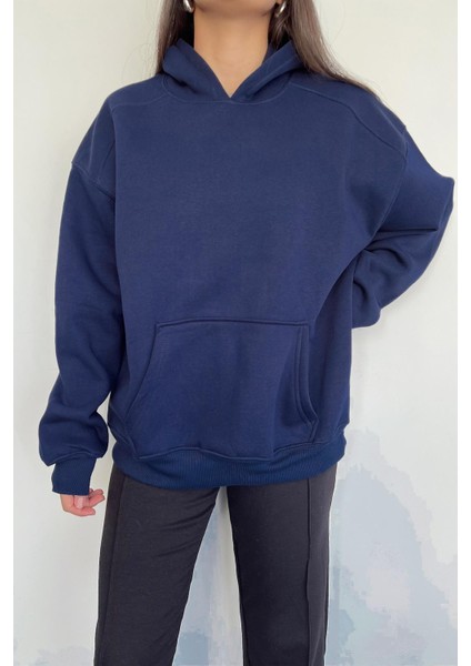 KAPÜŞONLU PARÇALI BASIC SWEATSHIRT LACİVERT