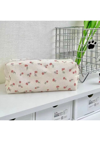 Basit ve Sevimli Krem ​​küçük Çiçekli Kanvas Kalem Çantası Ins Taze Kız Yeni Büyük Kapasiteli Kırtasiye Çantası Saklama Kalem Çantası (Yurt Dışından)