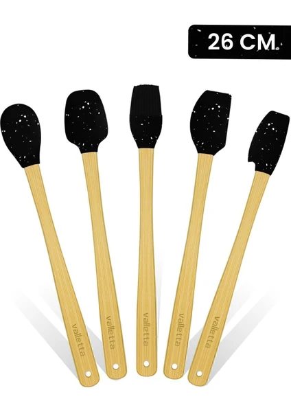 Indigo 5'li Siyah Noktalı Bambu Silikon Spatula Seti Uzun 26 Cm