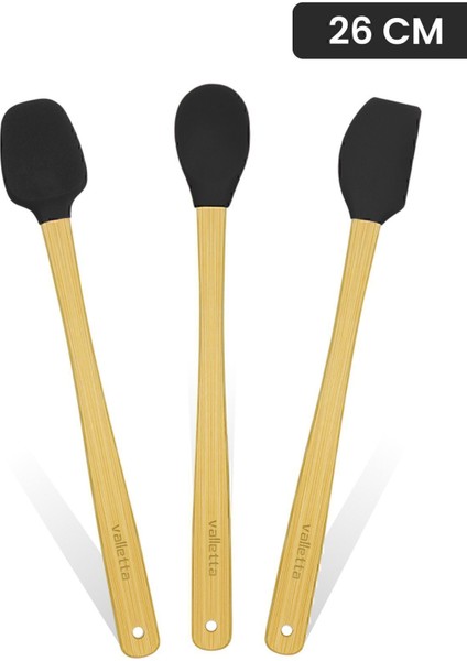 Indigo 3'lü Siyah Bambu Silikon Spatula Seti Uzun 26 Cm