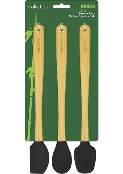 Indigo 3'lü Siyah Bambu Silikon Spatula Seti Uzun 26 Cm