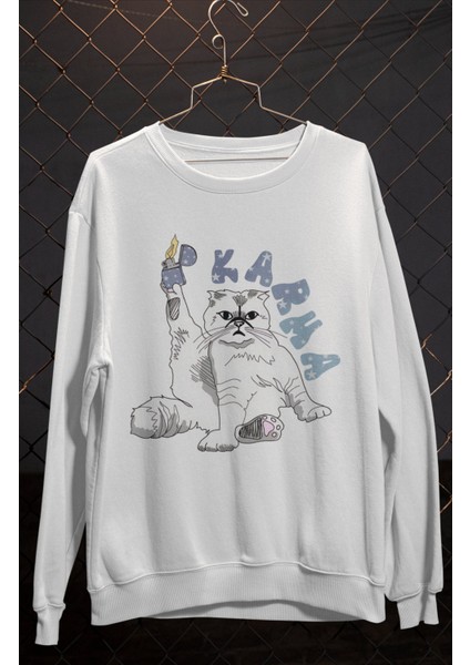 Unisex Taylor Swift Karma Kedi Baskılı Kapüşonsuz Sweatshirt, Oversize Taylor Swift Baskılı Sweat