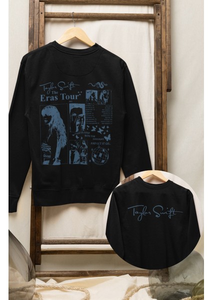 Unisex Taylor Swift Mavi Imza Sırt Baskılı Kapüşonsuz Sweatshirt, Oversize Taylor Baskılı Sweat