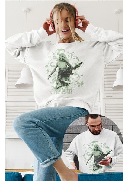 Unisex Gitarlı Taylor Swift Karma Baskılı Kapüşonsuz Sweatshirt, Oversize Eras Tour Baskılı Sweat