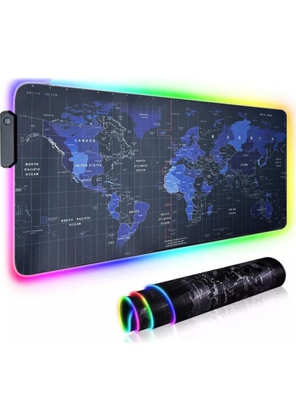 Oyuncu Rgb Mousepad & Klavye Pad World Map Red Line Desenli Işıklı 80X30CM Pad