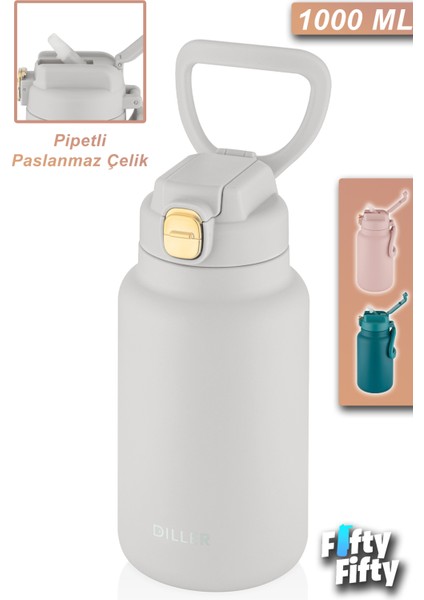 Dıller 1000ML Pipetli Taşıma Kulplu Çelik Matara 6 Saat Sıcak/soğuk Tutma Süresi 4 Farklı Renk