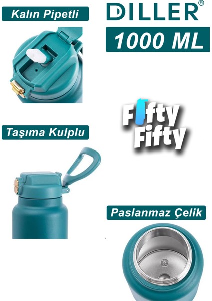 Dıller 1000ML Pipetli Taşıma Kulplu Çelik Matara 6 Saat Sıcak/soğuk Tutma Süresi 4 Farklı Renk