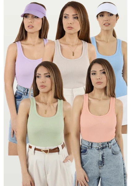 Kadın Cotton  5’li Set Bej, Lila, Mavi, Somon, Çağla Yeşili Pamuklu Basic Fitilli Atlet