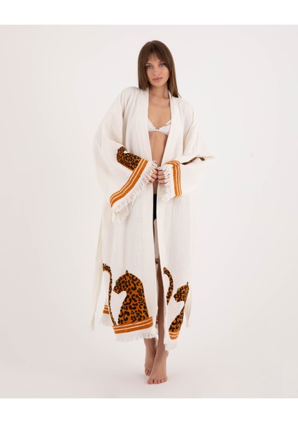 Bornoz ,Plaj Kıyafeti,Kimono , Kaftan ,Sabahlık Kol ve Etek Leopar Detay Baskılı