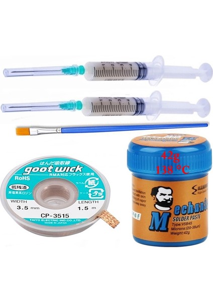 Lehim Sıvı Lehim Mchanc Solder Paste 42 Gr 138C Lehim Emme Temizleme Teli 3,5 mm 5/1 Arada