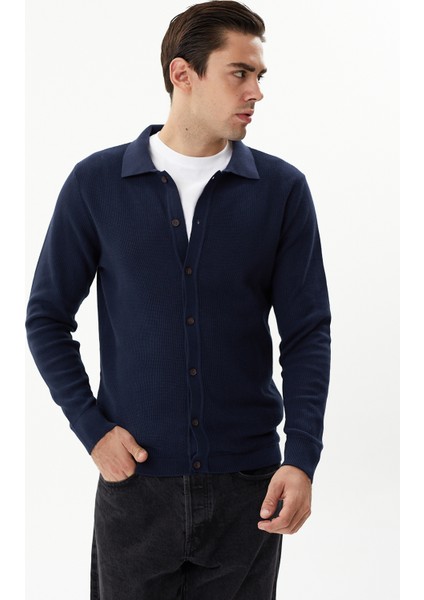 Erkek Lacivert %100 Pamuk Waffle Gömlek Yaka Triko Hırka fiyatları