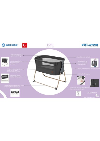 Tori Hafif Kompakt ve Katlanabilir Anne Yanı Beşik Beyond Grey