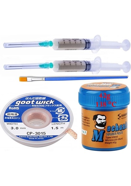 Krem Lehim Sıvı Lehim Mchanc Solder Paste 42GR 138C Lehim Emme Temizleme Teli 3,0mm 5/1 Arada