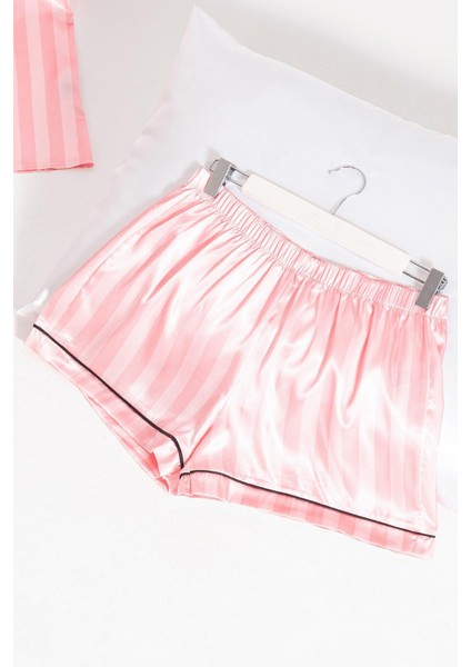 5'li Pembe Fuşya Çizgili Saten Pijama Şort Takım modelleri