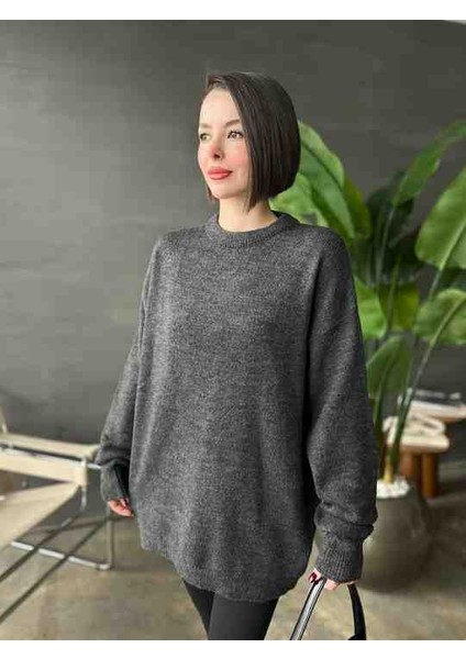 Kadın Antrasit Bisiklet Yaka Oversize Basic Triko Kazak